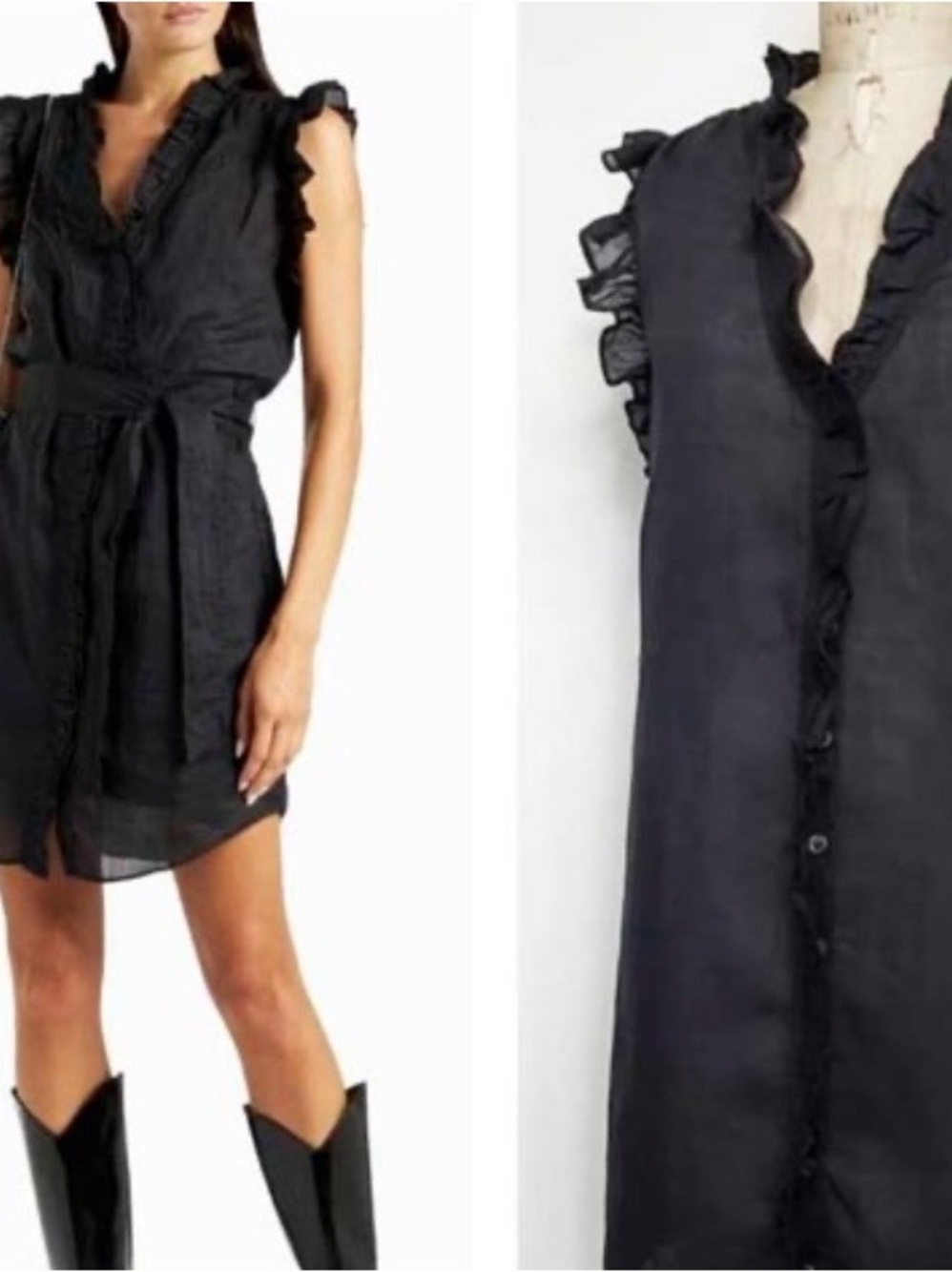 FRAME Lauren Ruffle Shirt Dress Noir/Black size XS